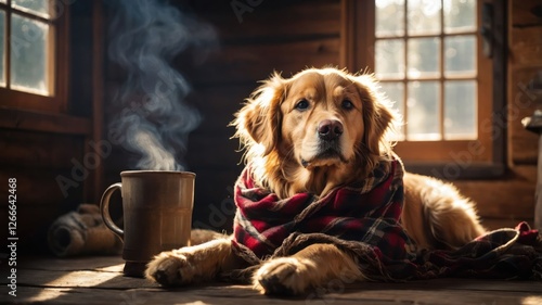 A cozy golden retriever wrapped in a blanket beside a steaming mug in a rustic cabin. photo