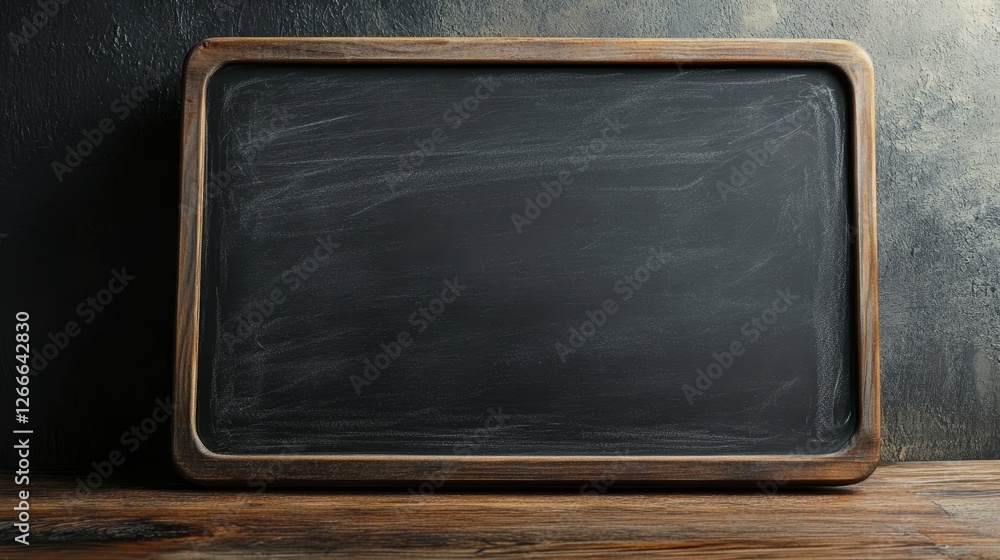 Empty Chalkboard on Wooden Table with Dark Background Texture Empty Chalkboard on Wooden Table with Dark Background Texture