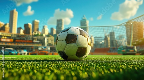 Soccer ball on city field, goal in background, sunny day, sport photo