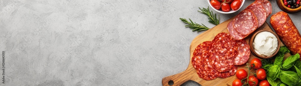 Delicious Charcuterie Board with Fresh Ingredients, Sliced Meats, Cheese, and Colorful Vegetables on Grey Background Delicious Charcuterie Board with Fresh Ingredients, Sliced Meats, Cheese, and Colorful Vegetables on Grey Background