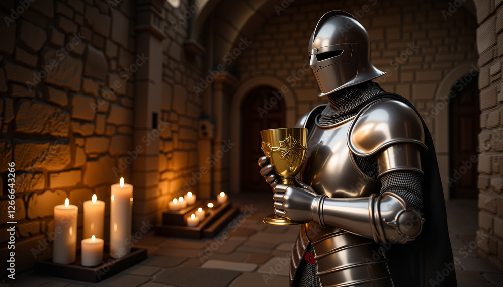 Knight in armor holding Holy Grail in candlelit hall Knight in armor holding Holy Grail in candlelit hall