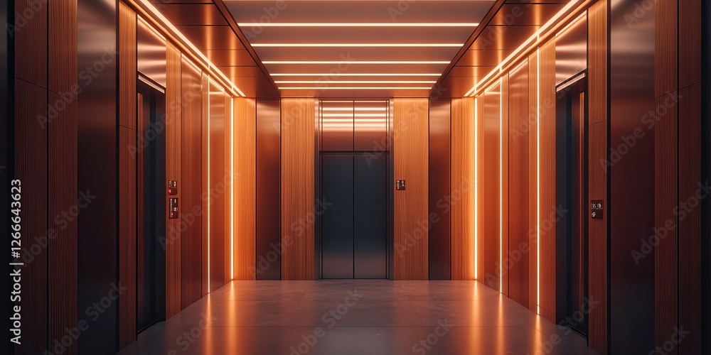 Fototapeta premium Modern Elevator Hallway with Warm Lighting