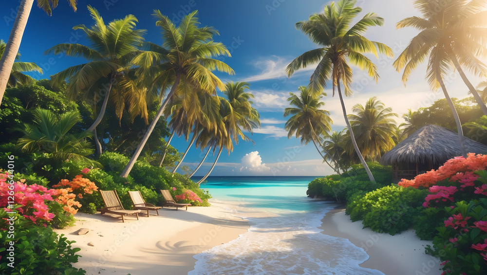 Fototapeta premium Hidden Paradise Beach with Majestic Palm Trees, Turquoise Waves, and Tropical Flowers Under a Bright Blue Sky
