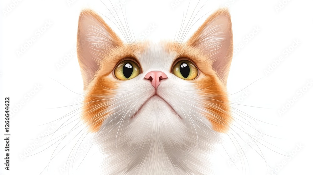 Obraz premium Captivating cat portrait, adorable feline with striking brown and white facial markings on a pristine white background