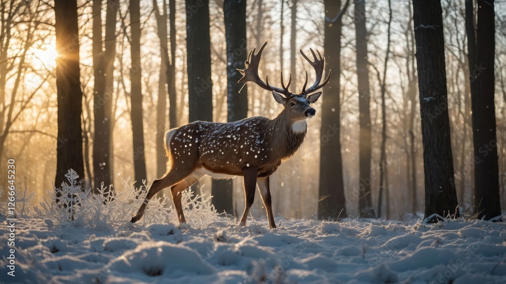 A majestic deer stands in a snowy forest, illuminated by the warm glow of the sunset. A majestic deer stands in a snowy forest, illuminated by the warm glow of the sunset.