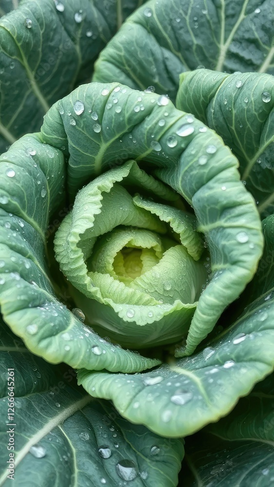 Obraz premium Dew-covered cabbage leaves with tiny dew drops, cabbage, curly
