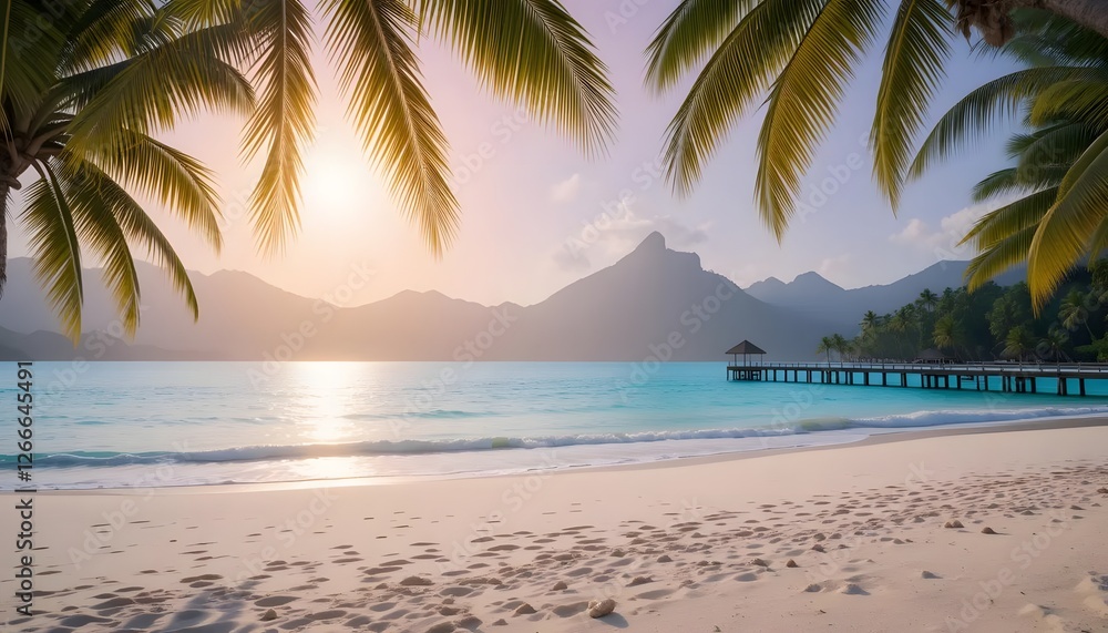 Obraz premium A dreamy tropical beach at dawn, with the first golden rays of sunlight reflecting on the calm turquoise waters, The soft white sand is untouched, except for a few scattered seashells, Palm trees.