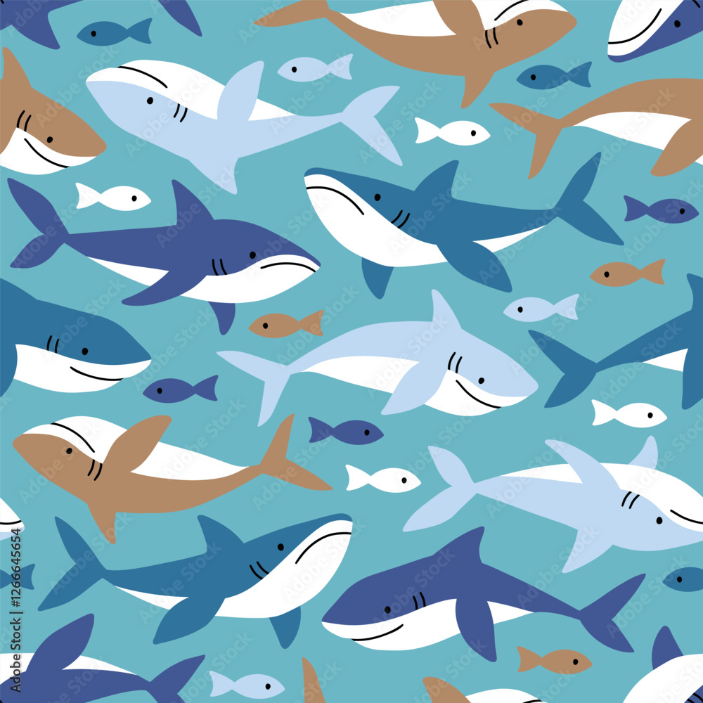 Seamless vector pattern with cute sharks and tiny fishes. Hand drawn underwater sealife illustration. Perfect for textile, wallpaper or print design. EPS10 vector file. Seamless vector pattern with cute sharks and tiny fishes. Hand drawn underwater sealife illustration. Perfect for textile, wallpaper or print design. EPS10 vector file.