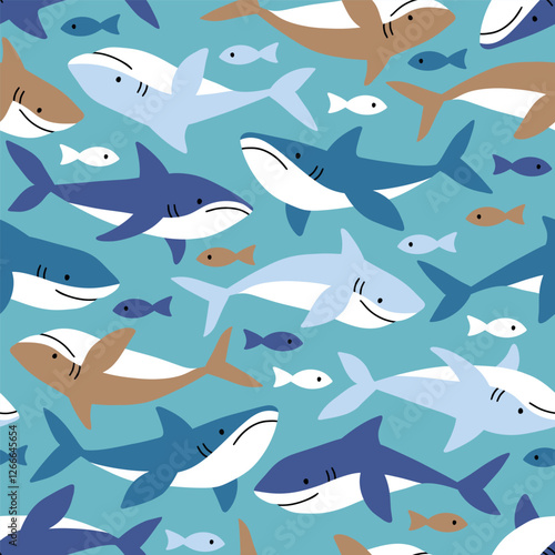 Seamless vector pattern with cute sharks and tiny fishes. Hand drawn underwater sealife illustration. Perfect for textile, wallpaper or print design. EPS10 vector file.