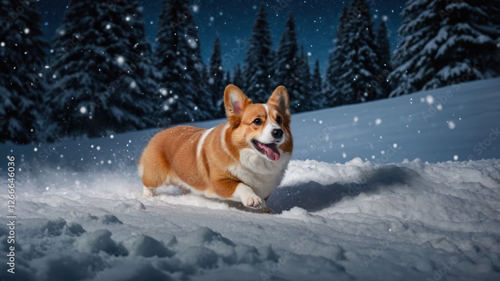 A joyful corgi running through snowy terrain in a winter landscape. A joyful corgi running through snowy terrain in a winter landscape.