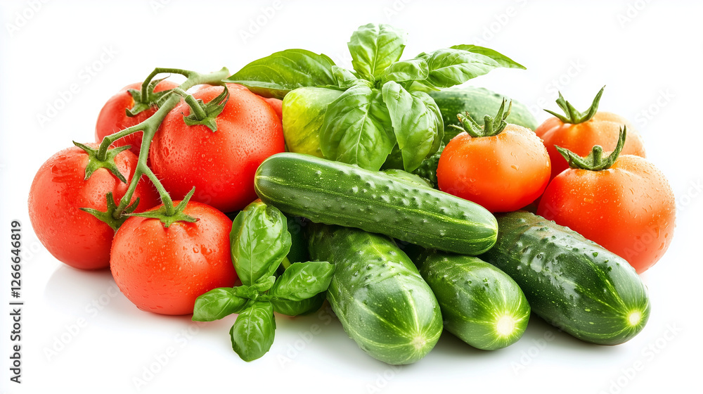Fresh summer harvest of cucumbers and tomatoes with basil leaves Fresh summer harvest of cucumbers and tomatoes with basil leaves
