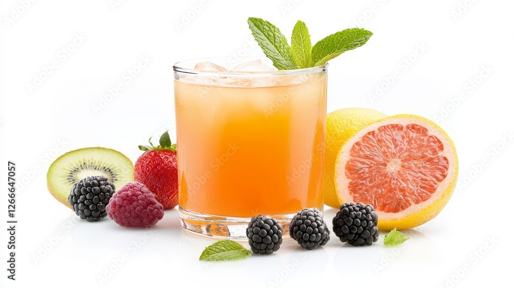 Glass of freshly squeezed orange juice with slice and mint, a refreshing summer beverage Glass of freshly squeezed orange juice with slice and mint, a refreshing summer beverage