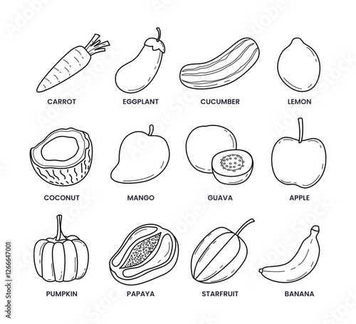 Set of different fruits and vegetables outline doodle collection isolated on white background with carrot, eggplant, cucumber, lemon, coconut, mango, guava, apple, pumpkin, papaya, starfruit, banana.