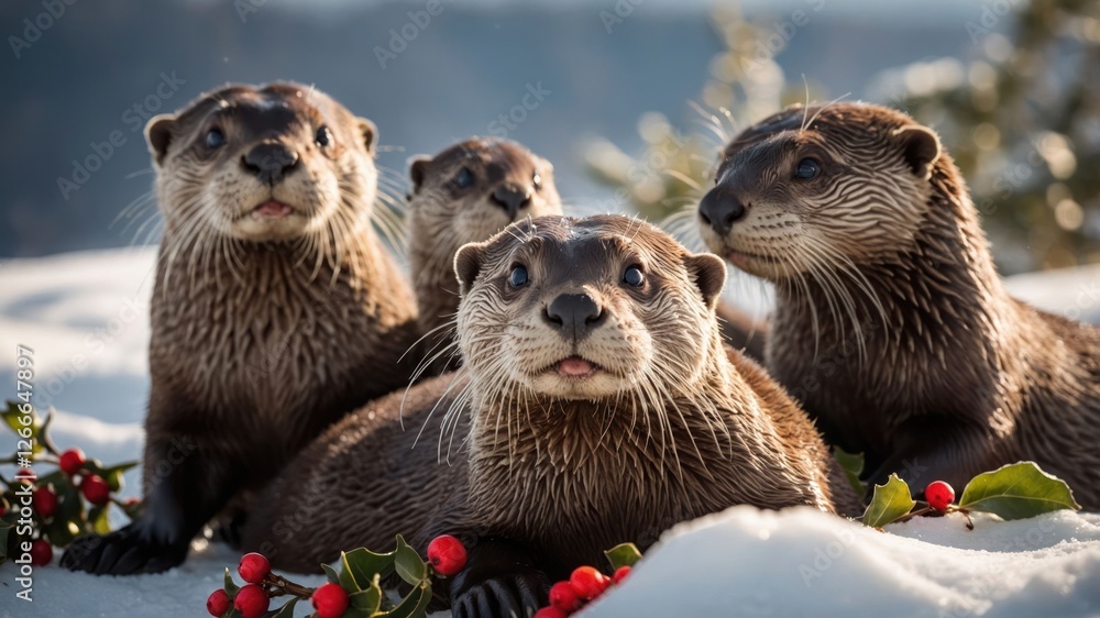 A group of otters resting in snow, surrounded by holly and red berries. A group of otters resting in snow, surrounded by holly and red berries.