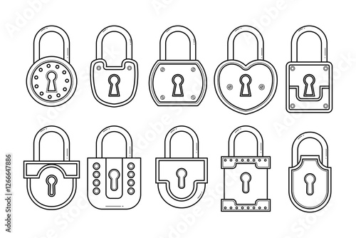 Set of padlock icon outline doodle collection with different shapes, Locks flat icons set. Stainless steel combination lock. Indoor and outdoor padlocks for doors. House protection illustration.