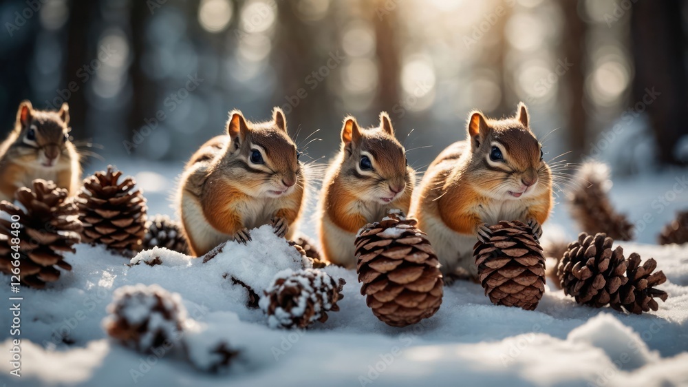 A group of squirrels playfully interacting with pinecones in a snowy forest setting. A group of squirrels playfully interacting with pinecones in a snowy forest setting.