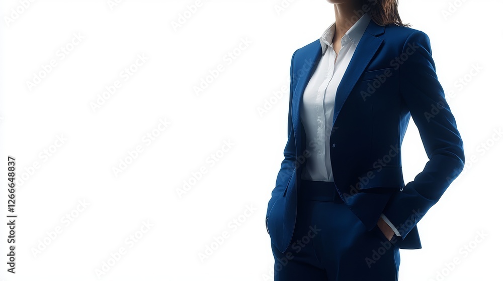 Stylish woman in blue suit strikes a confident pose against white background in modern studio
