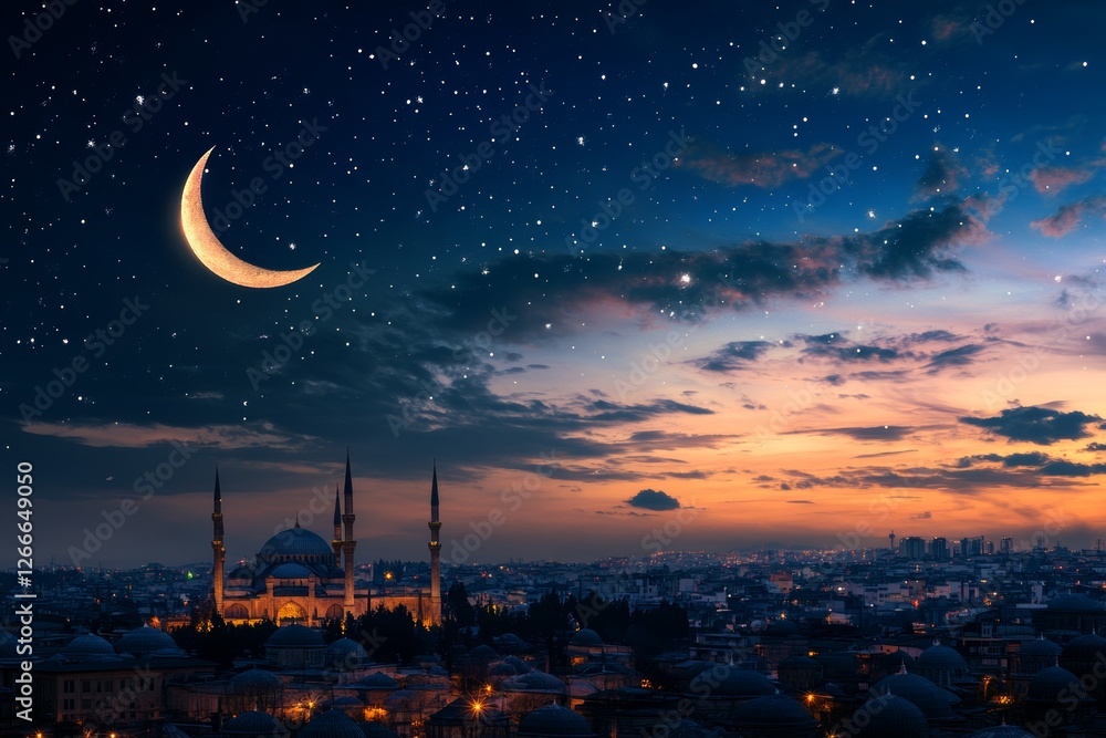 Fototapeta premium Crescent moon over city mosque at twilight