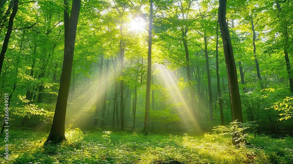 Fototapeta premium Sunbeams Streaming Through Lush Green Forest