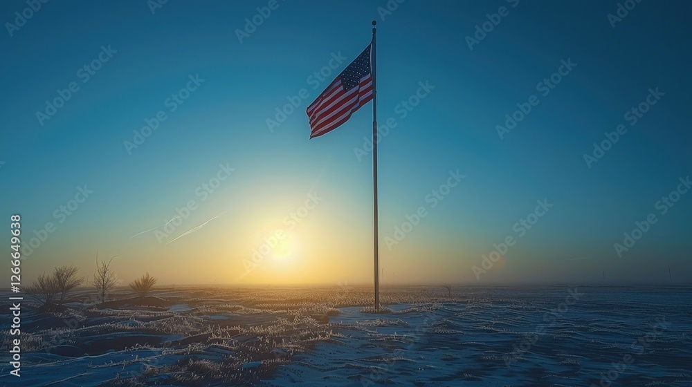 Fototapeta premium American Flag at Sunrise Over a Vast, Icy Landscape