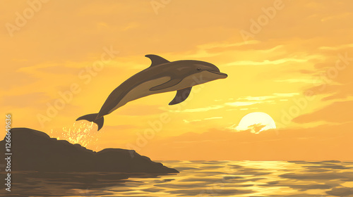 A majestic dolphin leaping out of the ocean at sunset, creating a stunning silhouette against the golden sky 