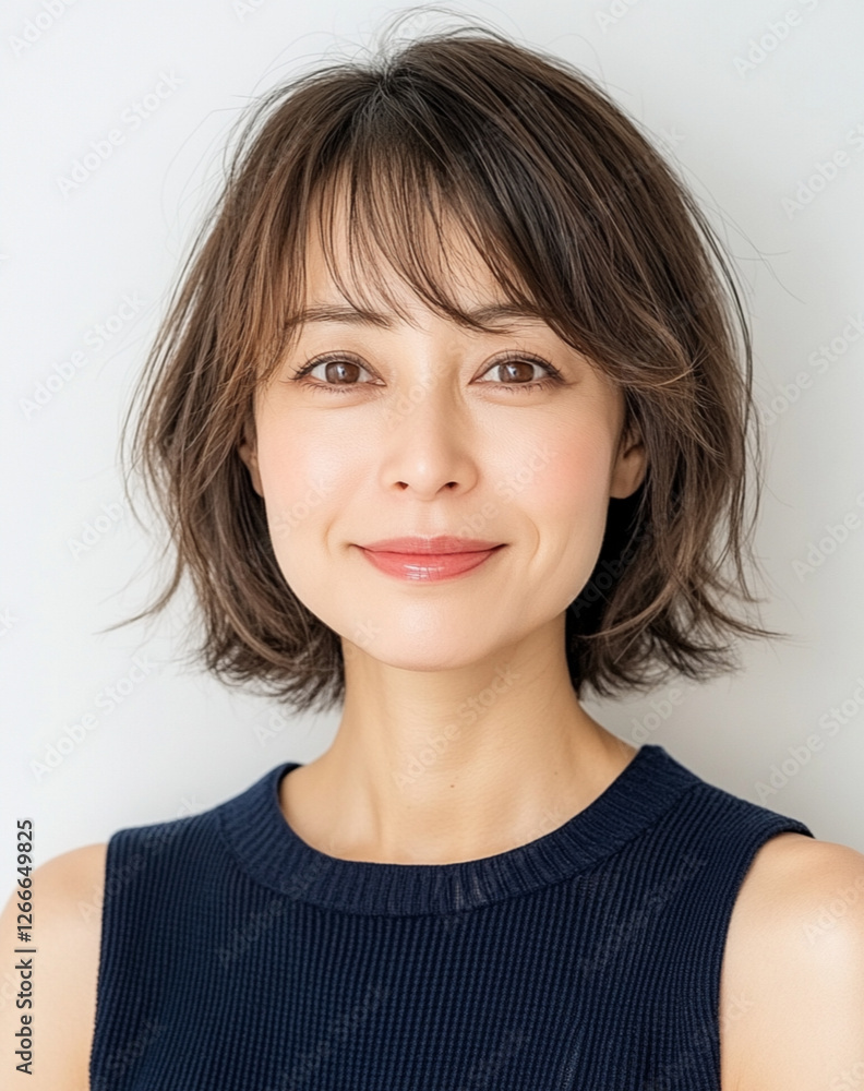 Against a plain white background, a Japanese woman in her 40s with short hairstyle stands in a dark blue sleeveless shirt.