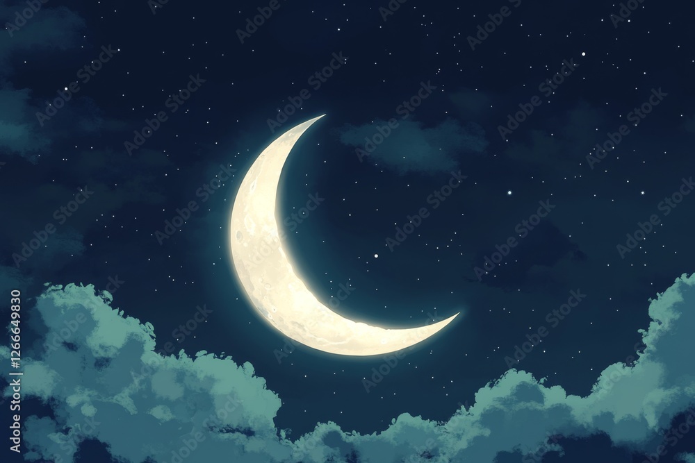 Crescent moon night sky cloudscape, dreamy background illustration Crescent moon night sky cloudscape, dreamy background illustration