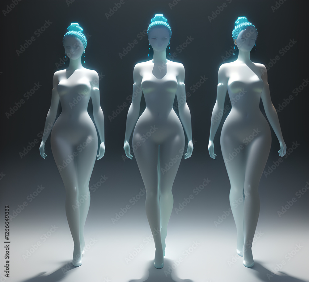 Obraz premium Abstract surrealistic illustration of glass statue several people standing in pose.Concept project.mindfulness and meditation.Futuristic. cyberpunk.innovation different types of poses.generative ai