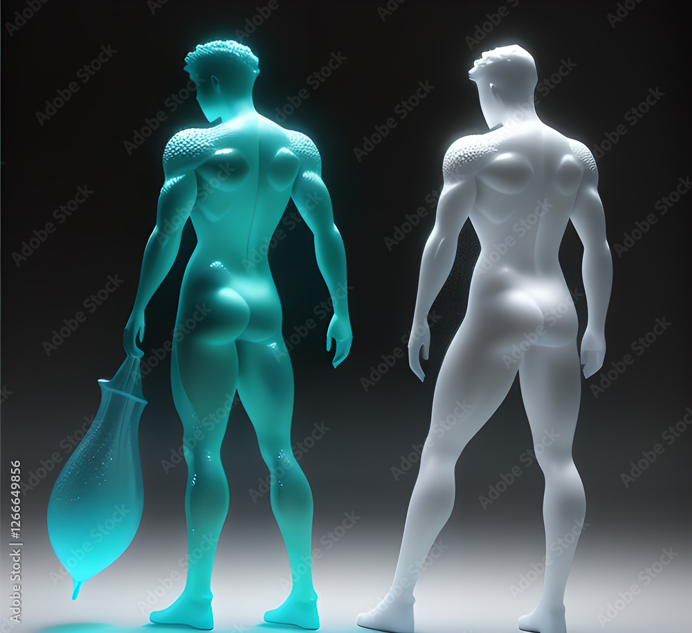 Abstract surrealistic illustration of glass statue several people standing in pose.Concept project.mindfulness and meditation.Futuristic. cyberpunk.innovation different types of poses.generative ai