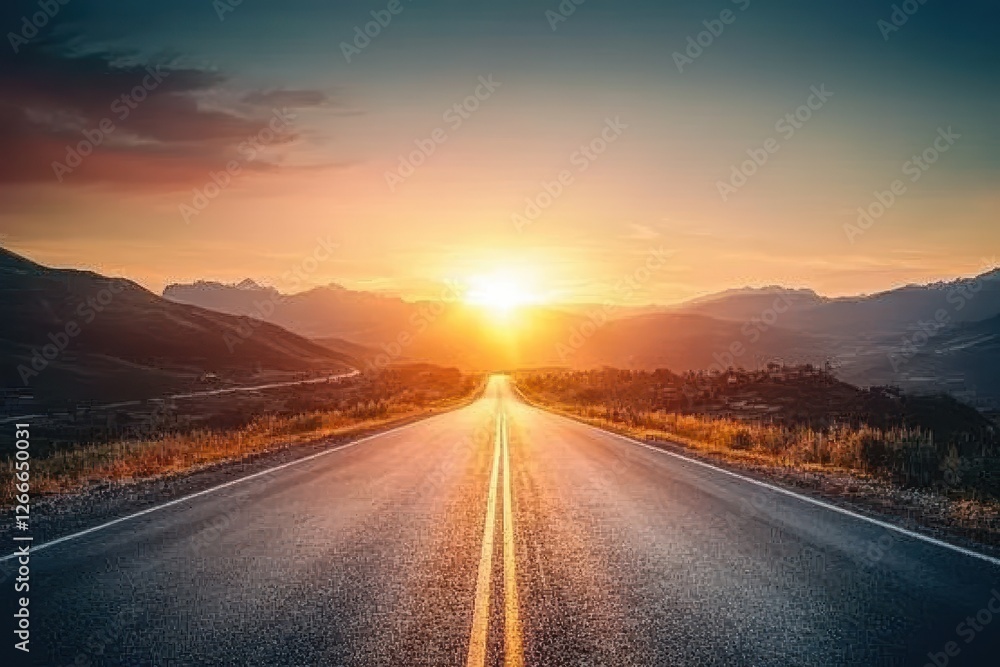Asphalt Road Leading to Sunset Over Mountains