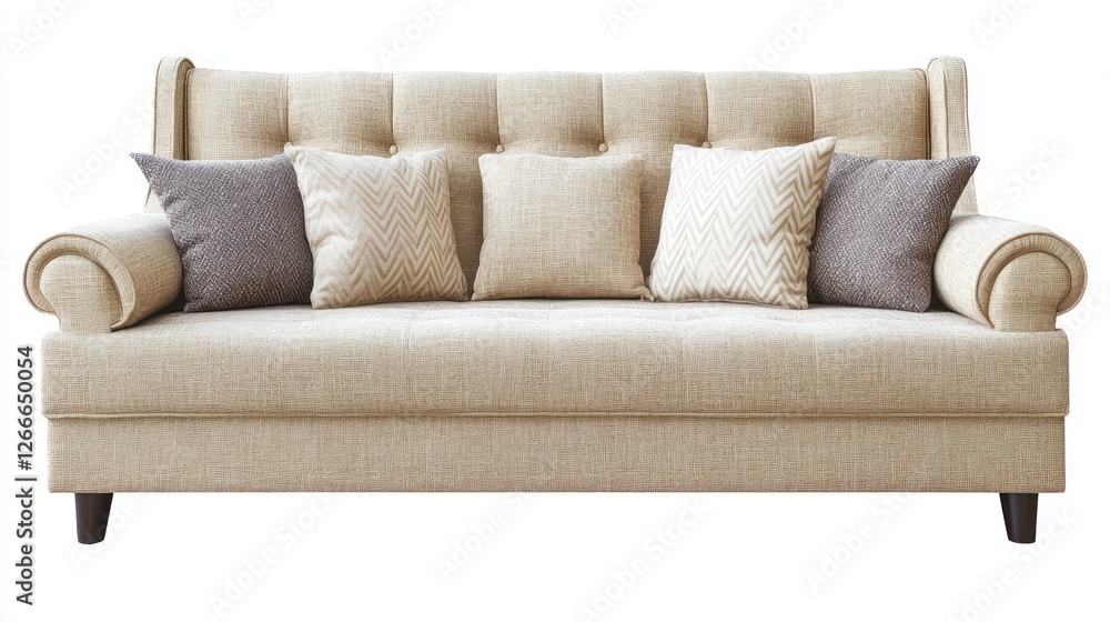 Obraz premium A stylish beige sofa with decorative pillows, ideal for home decor and comfort.