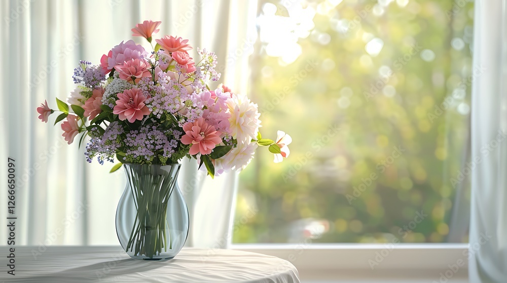 Bouquet of tulips in a vase on the windowsill Bouquet of tulips in a vase on the windowsill