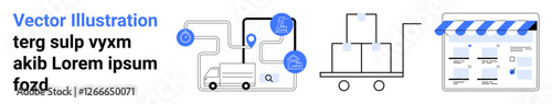 Delivery truck, route with map markers, packages on a cart, and online store interface. Ideal for delivery services, e-commerce, logistics, online shopping, inventory management business processes