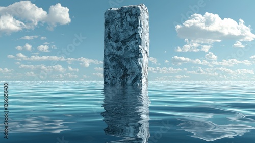 Serene Stone Monolith in a Calm Ocean Under a Cloudy Sky