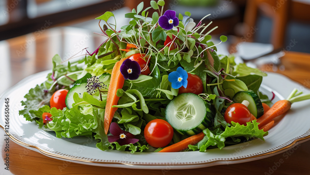 A vibrant plate of salad with fresh cucumbers, cherry tomatoes, carrots, leafy greens, and edible flowers. A vibrant plate of salad with fresh cucumbers, cherry tomatoes, carrots, leafy greens, and edible flowers.