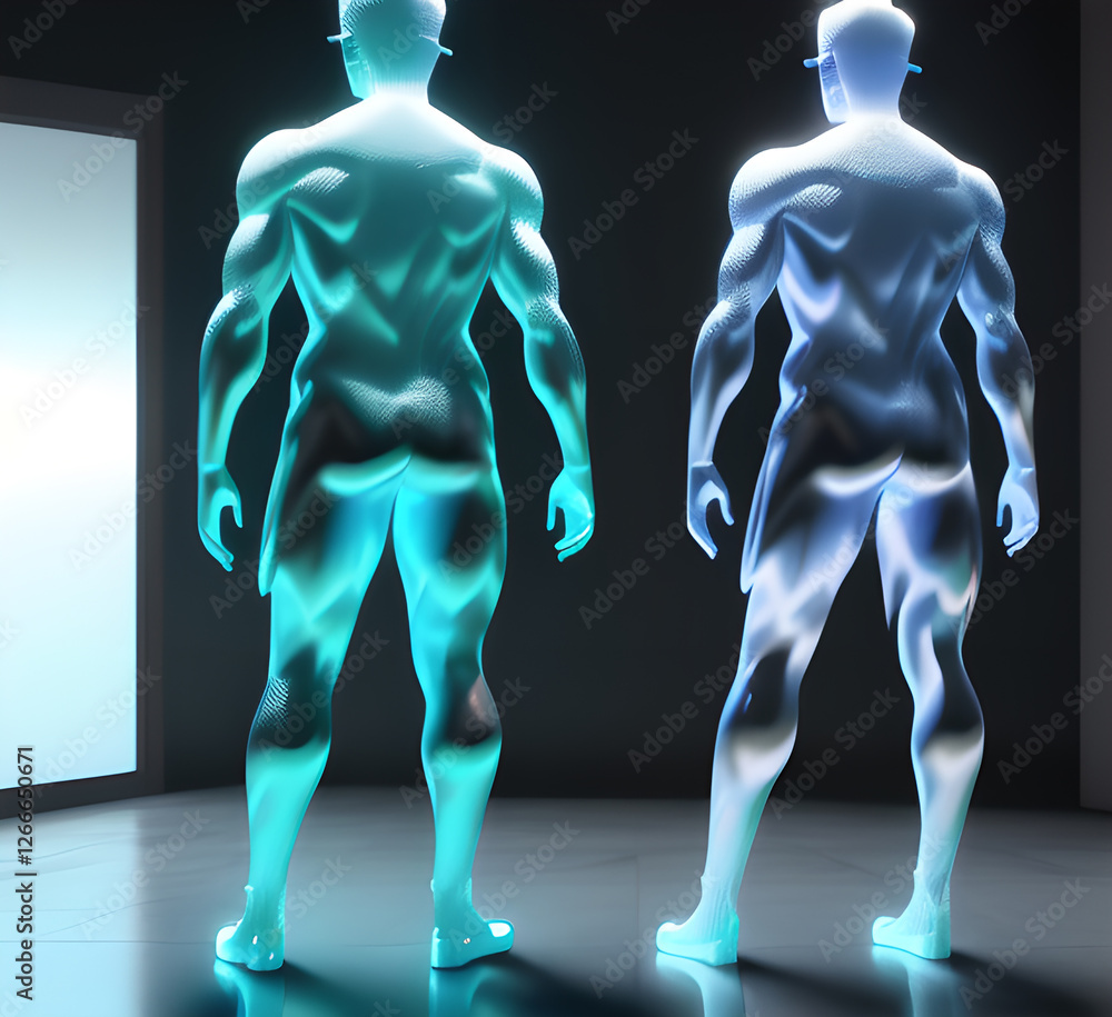Abstract surrealistic illustration of glass statue several people standing in pose.Concept project.mindfulness and meditation.Futuristic. cyberpunk.innovation different types of poses.generative ai Abstract surrealistic illustration of glass statue several people standing in pose.Concept project.mindfulness and meditation.Futuristic. cyberpunk.innovation different types of poses.generative ai