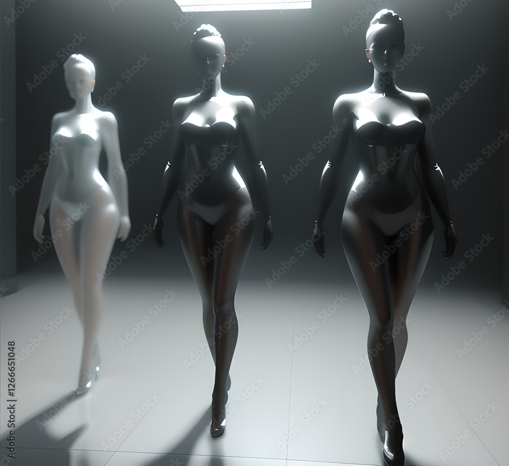 Obraz premium Abstract surrealistic illustration of glass statue several people standing in pose.Concept project.mindfulness and meditation.Futuristic. cyberpunk.innovation different types of poses.generative ai