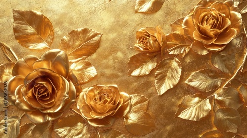 Golden roses, leaves, textured background, luxury design, wall art