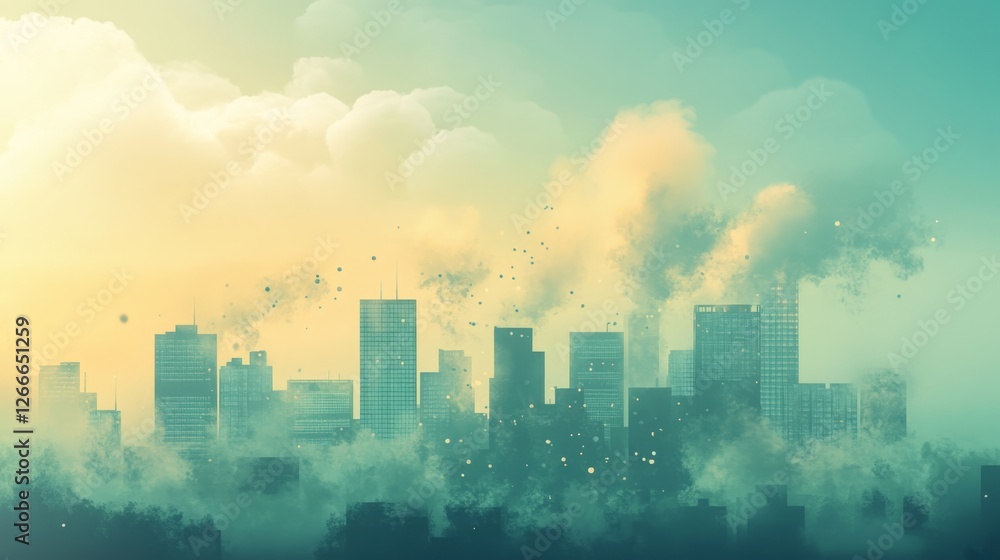 Fototapeta premium Urban Skyline with Smog and Haze Under Colorful Sky at Dusk