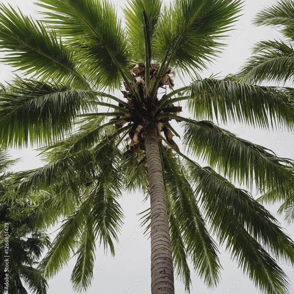 Fototapeta premium A top-down view of a coconut tree’s leaves spreading outward, isolated on white.