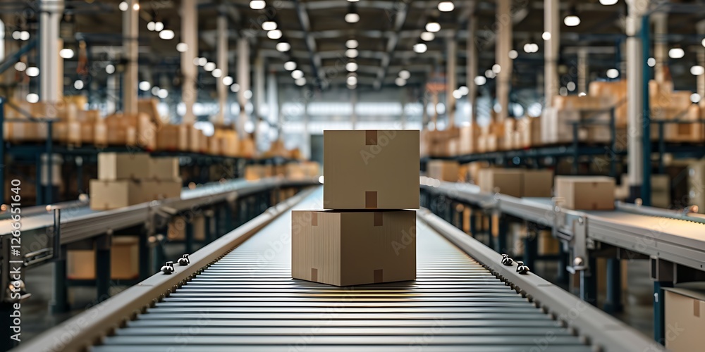 Boxes on conveyor belt in warehouse Boxes on conveyor belt in warehouse