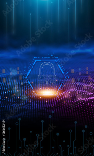 Cybersecurity Shield: A glowing padlock icon stands as a digital sentinel, protected within a hexagonal frame against a backdrop of swirling data streams and circuit board patterns.