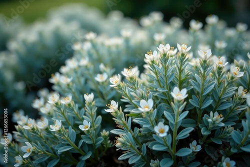 Foliage of santolina chamaecyparissus with silvery-gray leaves and delicate white flowers, white flowers, santolina photo