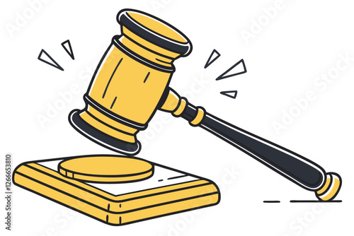   A digital illustration of a 3D gavel, rendered in a cartoon style. The gavel is primarily yellow with a black handle and a metallic silver base. The handle is shaped like a rectangle with rounded e