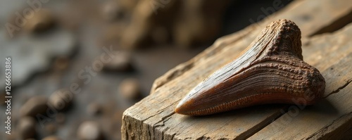 Fossilized Spinosaurus tooth against a wooden surface with age patina, spinosaur, age patina, sedimentary rock photo