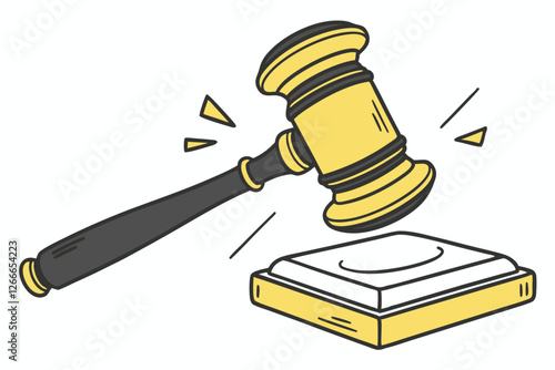   A digital illustration of a 3D gavel, rendered in a cartoon style. The gavel is primarily yellow with a black handle and a metallic silver base. The handle is shaped like a rectangle with rounded e
