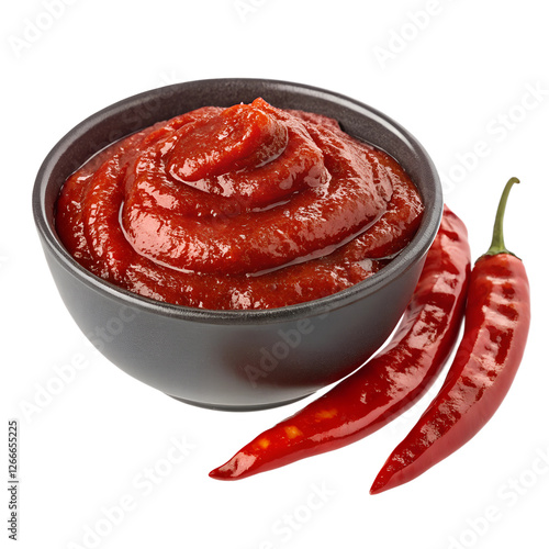 gochujang in a black ceramic bowl, isolated on transparent background