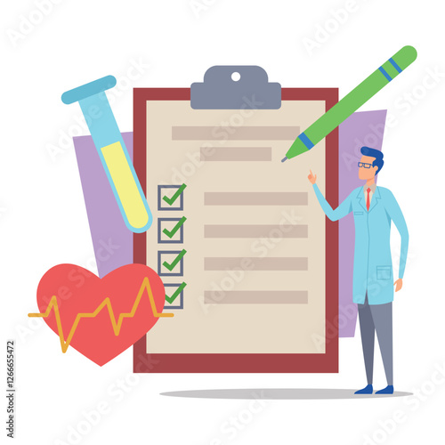 Healthcare professional in lab coat presenting health assessment checklist. Checklist marked with checks, and heart with ECG line visible alongside test tube