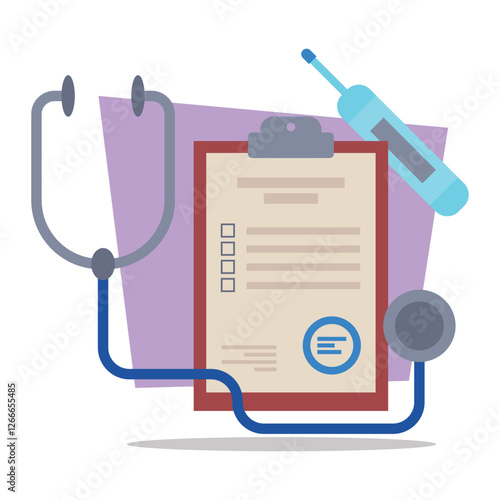 Stethoscope and thermometer alongside medical clipboard containing health-related information. Clinics and hospitals concept