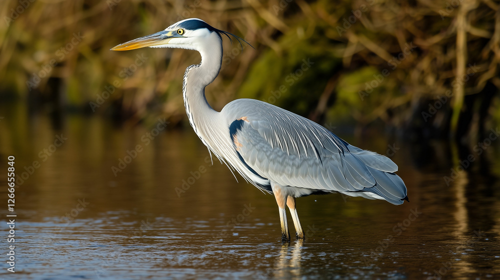 Fototapeta premium Regal heron standing gracefully in shallow water during golden hour